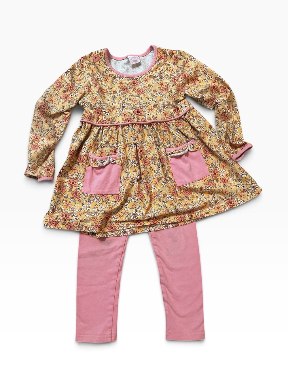 Girls Yellow Floral Tunic & Pink Leggings Set - Two-Piece Kids Outfit